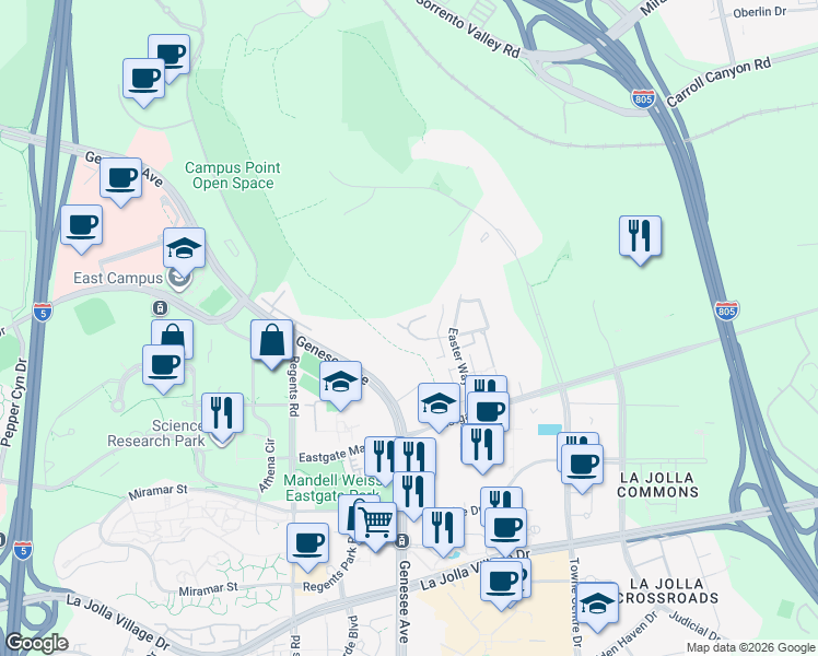 map of restaurants, bars, coffee shops, grocery stores, and more near 4326 Caminito Del Zafiro in San Diego