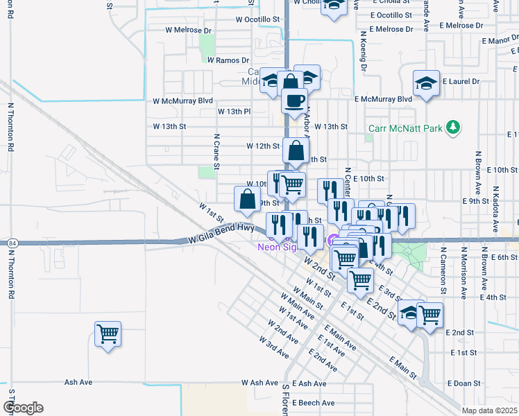 map of restaurants, bars, coffee shops, grocery stores, and more near 420 West 9th Street in Casa Grande