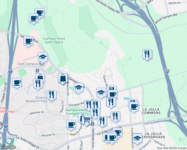 map of restaurants, bars, coffee shops, grocery stores, and more near 4326 Caminito Del Zafiro in San Diego