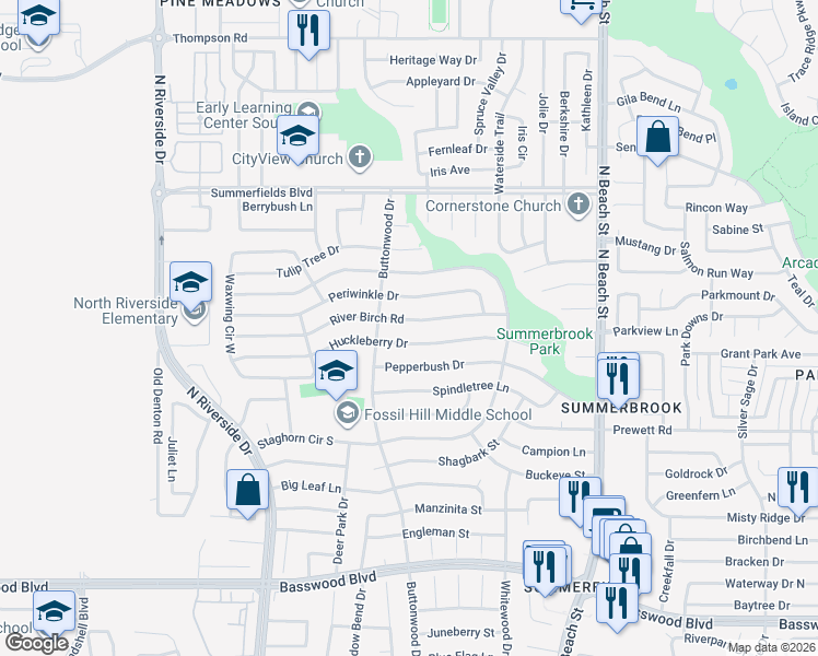 map of restaurants, bars, coffee shops, grocery stores, and more near 4117 River Birch Road in Fort Worth