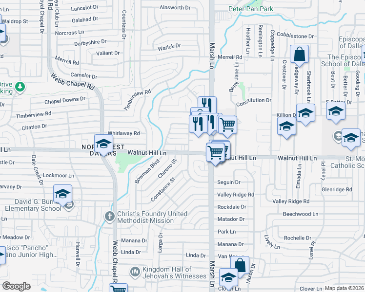 map of restaurants, bars, coffee shops, grocery stores, and more near 3656 Rickshaw Drive in Dallas