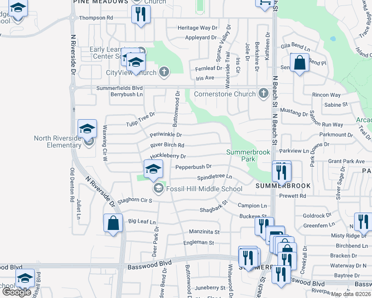 map of restaurants, bars, coffee shops, grocery stores, and more near 4117 River Birch Road in Fort Worth