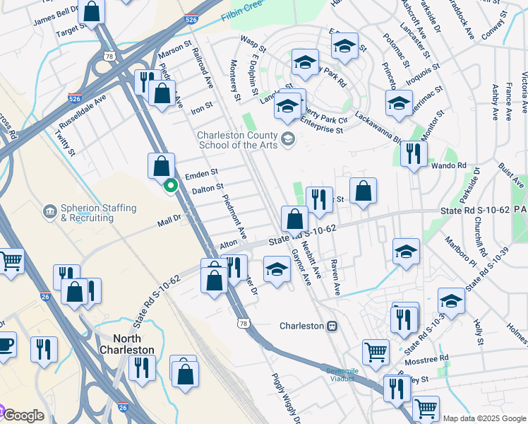map of restaurants, bars, coffee shops, grocery stores, and more near 1904 Bolton Street in North Charleston