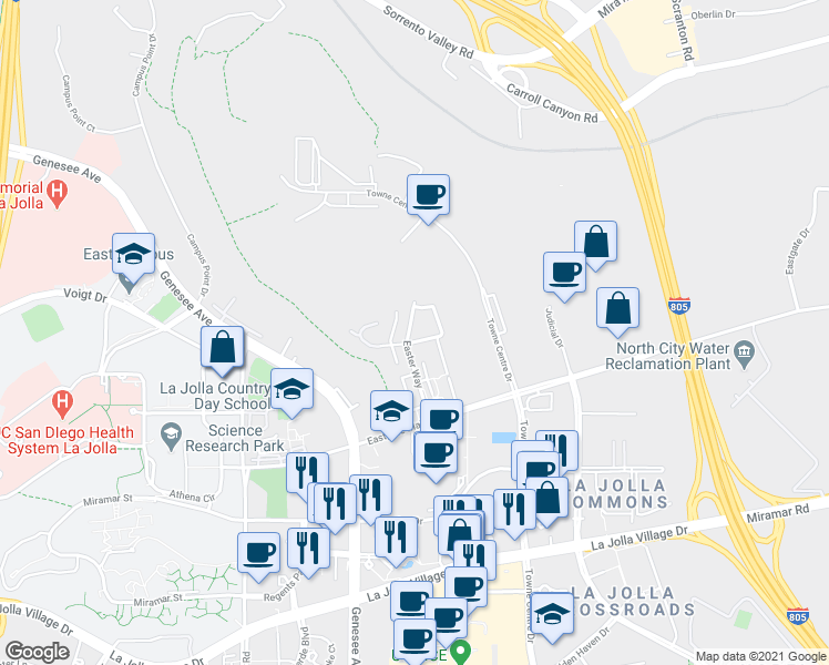 map of restaurants, bars, coffee shops, grocery stores, and more near 9647 Easter Way in San Diego