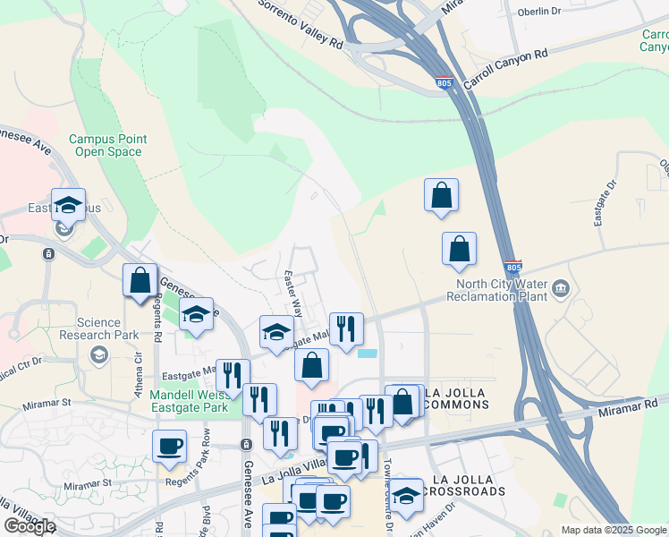 map of restaurants, bars, coffee shops, grocery stores, and more near 9540 Towne Centre Drive in San Diego