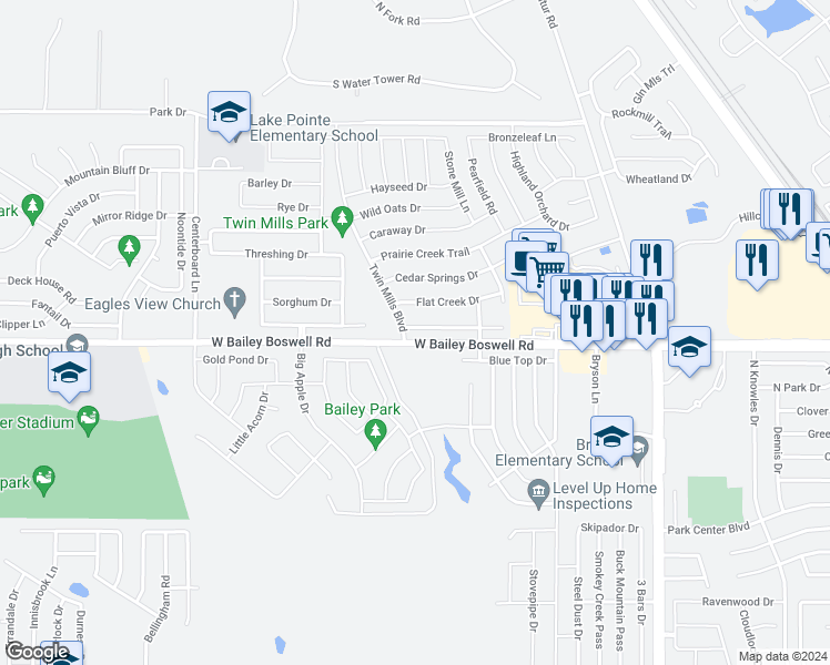 map of restaurants, bars, coffee shops, grocery stores, and more near 5021 Mill Creek Trail in Fort Worth