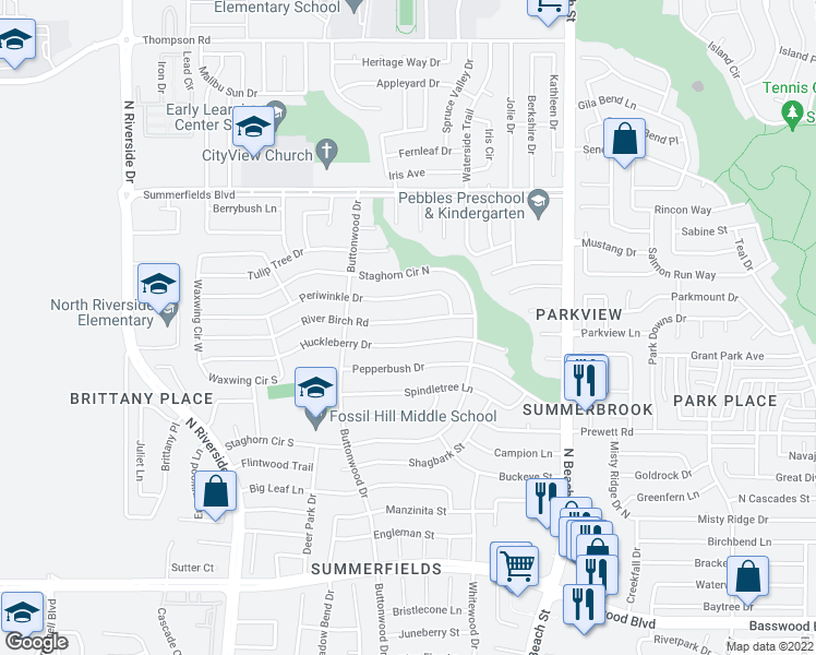 map of restaurants, bars, coffee shops, grocery stores, and more near 4144 River Birch Road in Fort Worth