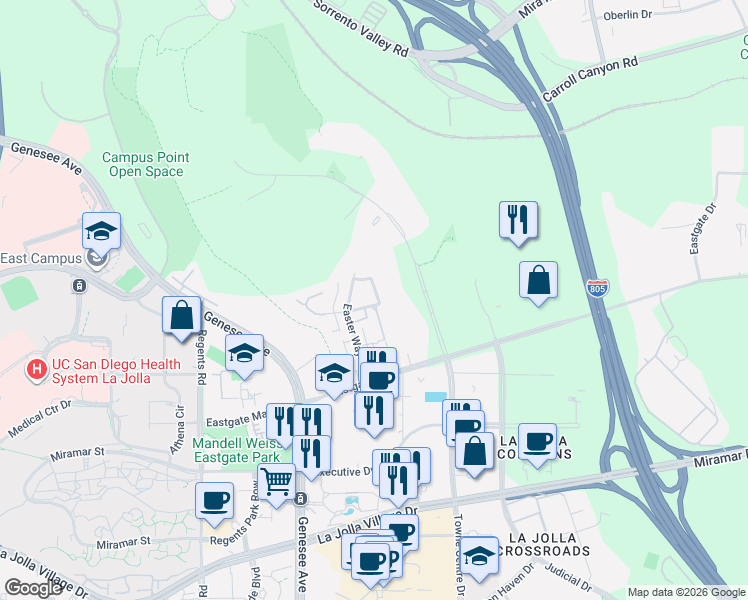map of restaurants, bars, coffee shops, grocery stores, and more near 9677 Easter Way in San Diego
