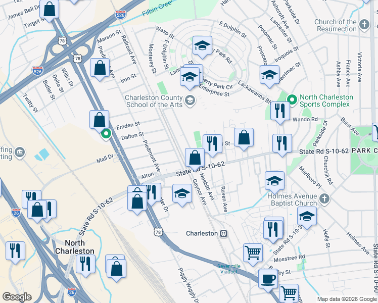 map of restaurants, bars, coffee shops, grocery stores, and more near 4855 Nesbit Avenue in North Charleston