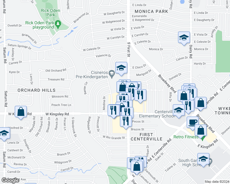 map of restaurants, bars, coffee shops, grocery stores, and more near 219 West Kingsley Road in Garland