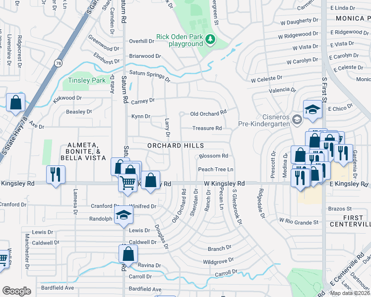map of restaurants, bars, coffee shops, grocery stores, and more near 2901 Old Orchard Road in Garland