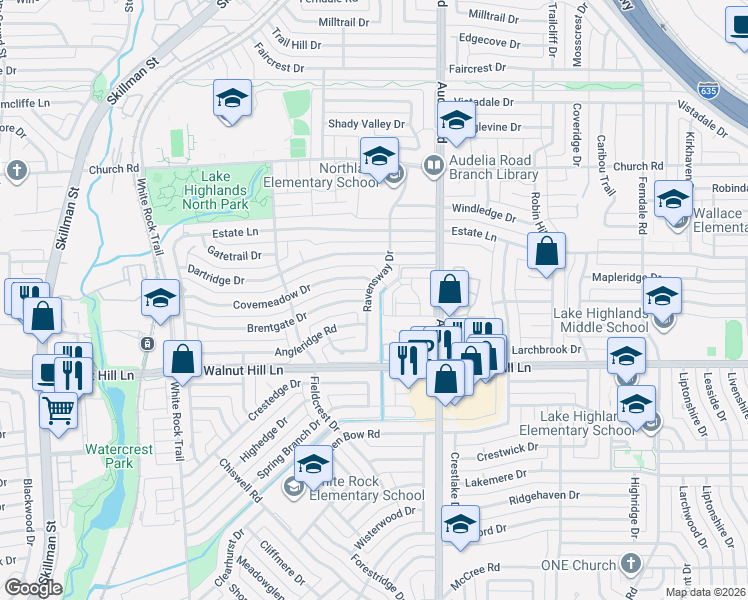 map of restaurants, bars, coffee shops, grocery stores, and more near 9875 Audelia Road in Dallas