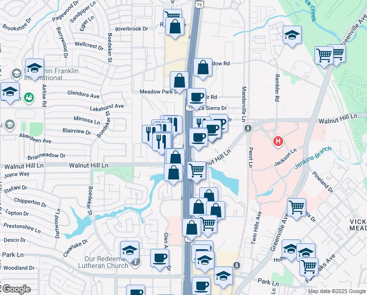 map of restaurants, bars, coffee shops, grocery stores, and more near 7865 Firefall Way in Dallas