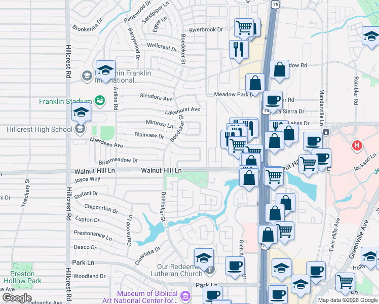 map of restaurants, bars, coffee shops, grocery stores, and more near 7330 Blairview Drive in Dallas