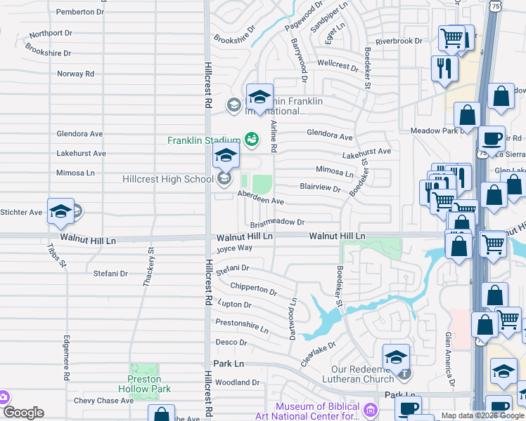 map of restaurants, bars, coffee shops, grocery stores, and more near 9825 Airline Road in Dallas