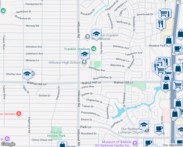 map of restaurants, bars, coffee shops, grocery stores, and more near 7024 Briarmeadow Drive in Dallas