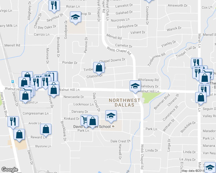 map of restaurants, bars, coffee shops, grocery stores, and more near 3144 Whirlaway Road in Dallas