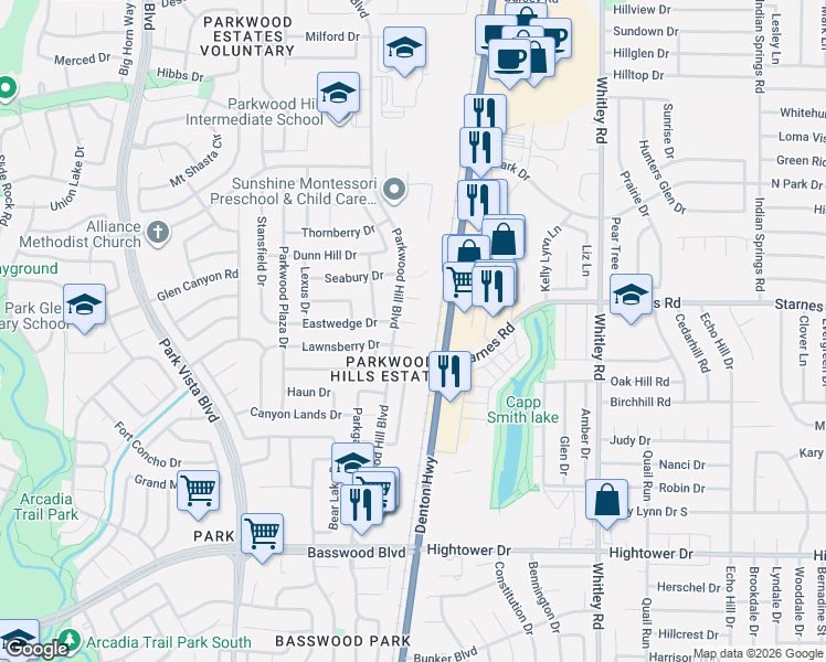 map of restaurants, bars, coffee shops, grocery stores, and more near 5620 Eastwedge Drive in Fort Worth