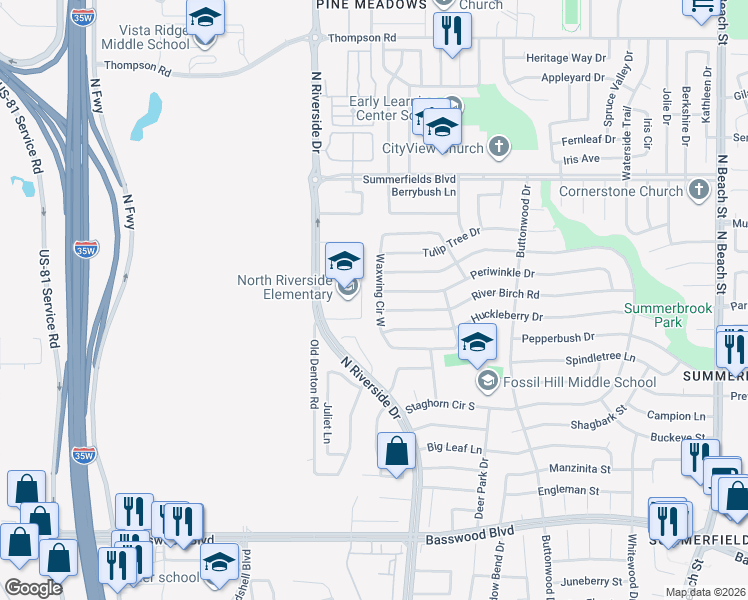 map of restaurants, bars, coffee shops, grocery stores, and more near 7500 Old Denton Road in Fort Worth