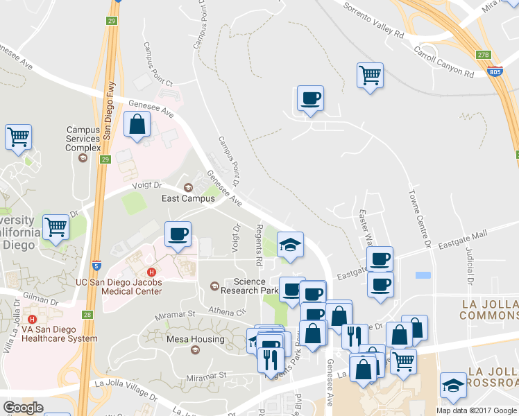 map of restaurants, bars, coffee shops, grocery stores, and more near 9801 Genesee Avenue in San Diego