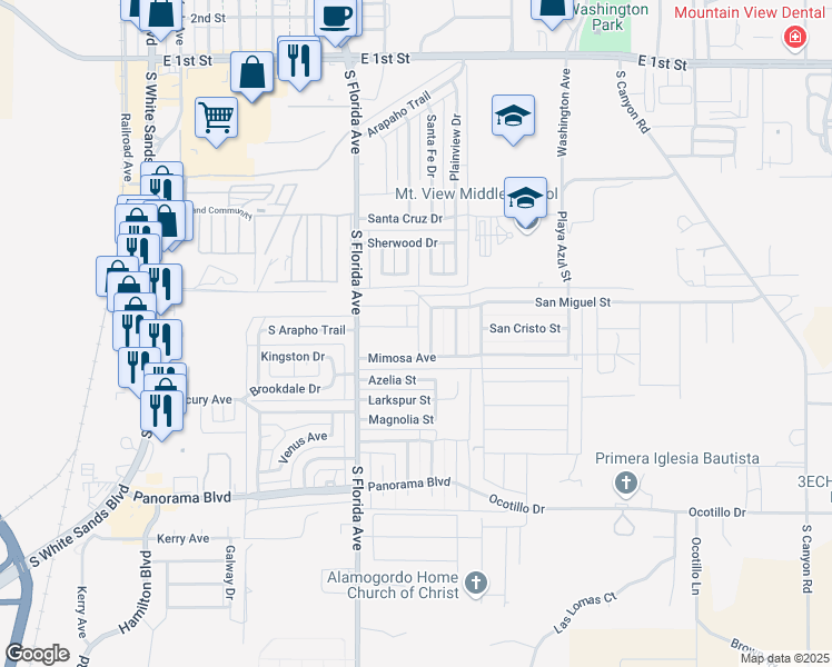 map of restaurants, bars, coffee shops, grocery stores, and more near 843 San Miguel Street in Alamogordo