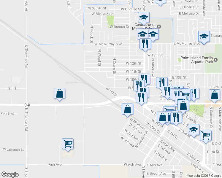 map of restaurants, bars, coffee shops, grocery stores, and more near 619 West 9th Street in Casa Grande