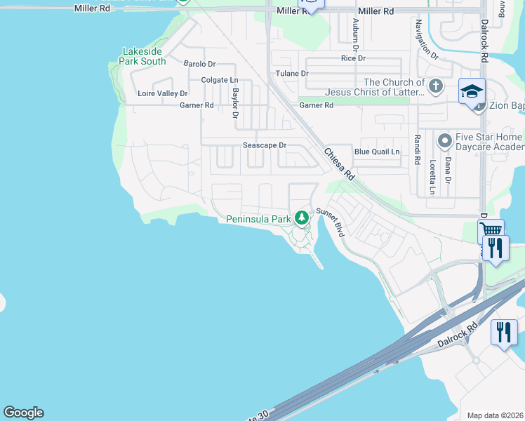 map of restaurants, bars, coffee shops, grocery stores, and more near 7400 Palisades Drive in Rowlett