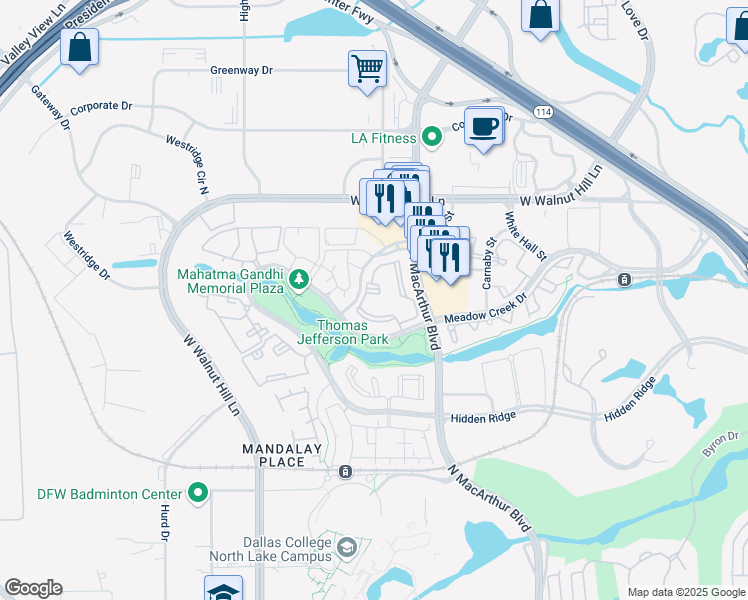 map of restaurants, bars, coffee shops, grocery stores, and more near 5319 North MacArthur Boulevard in Irving