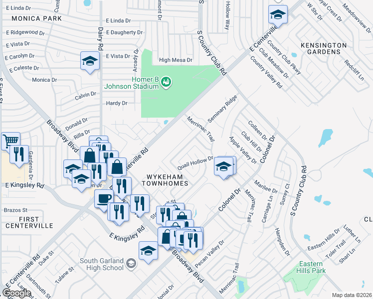 map of restaurants, bars, coffee shops, grocery stores, and more near 1106 Seminary Ridge in Garland