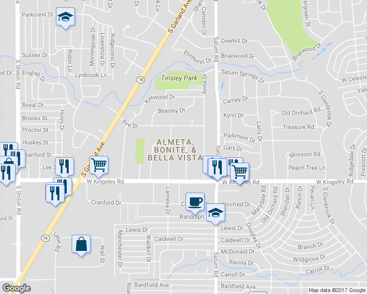 map of restaurants, bars, coffee shops, grocery stores, and more near 1536 Flores Drive in Garland