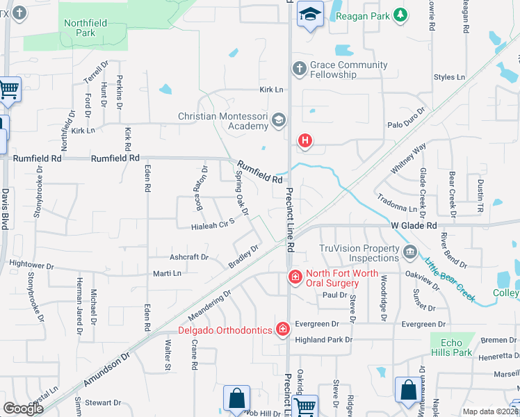 map of restaurants, bars, coffee shops, grocery stores, and more near 7351 Precinct Line Road in Fort Worth