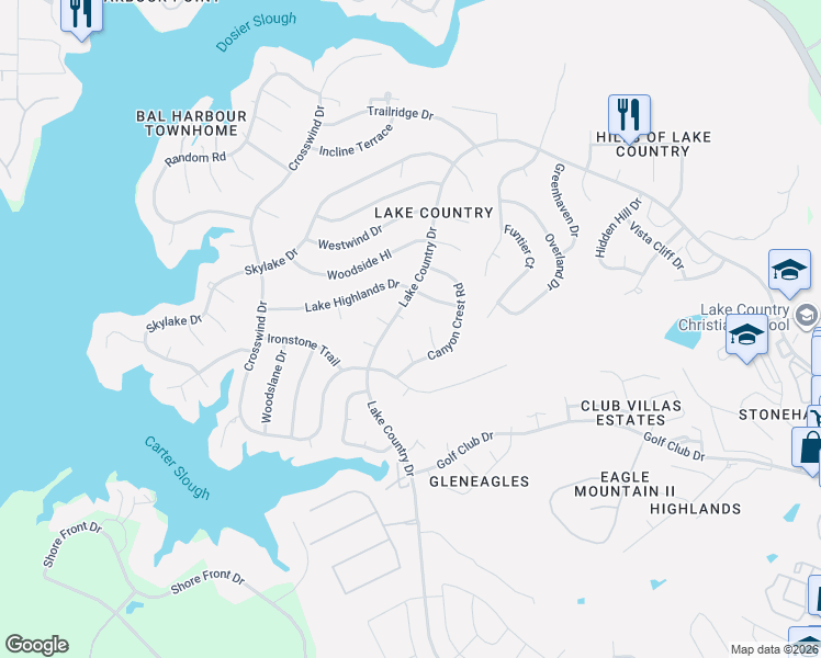 map of restaurants, bars, coffee shops, grocery stores, and more near 8620 Lake Country Drive in Fort Worth