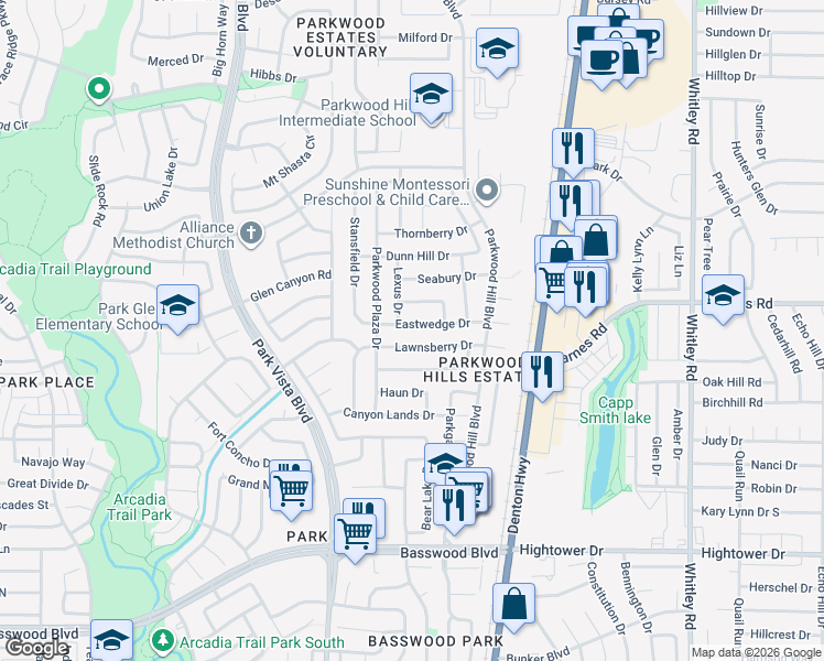 map of restaurants, bars, coffee shops, grocery stores, and more near 5524 Eastwedge Drive in Fort Worth