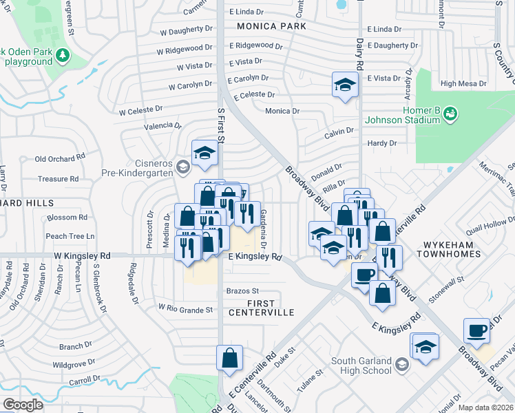 map of restaurants, bars, coffee shops, grocery stores, and more near 142 Tulip Drive in Garland