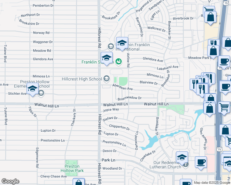 map of restaurants, bars, coffee shops, grocery stores, and more near 7024 Briarmeadow Drive in Dallas
