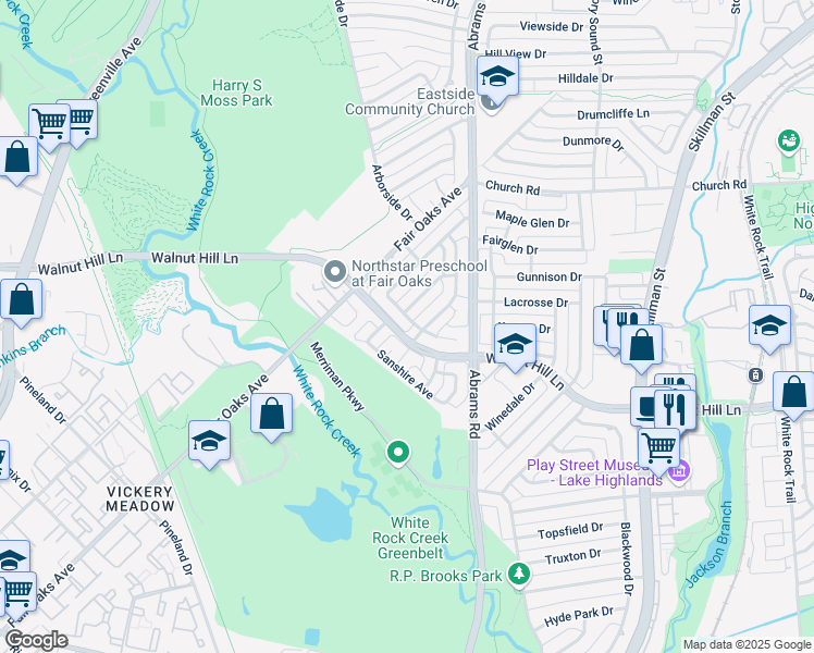 map of restaurants, bars, coffee shops, grocery stores, and more near 7330 Craigshire Avenue in Dallas