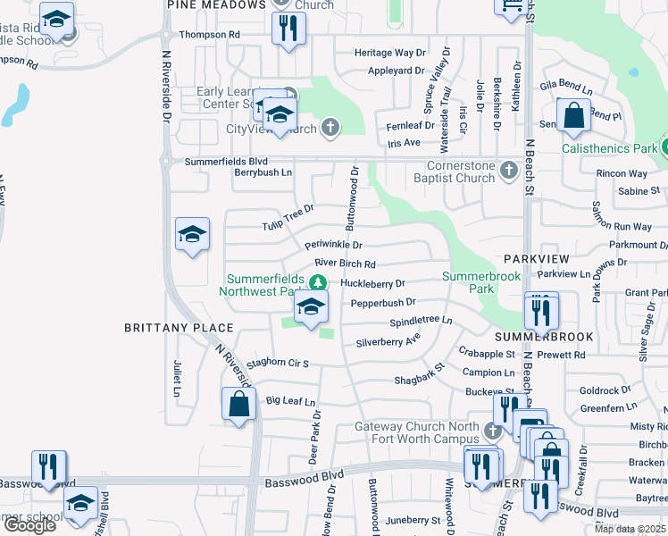 map of restaurants, bars, coffee shops, grocery stores, and more near 4024 River Birch Road in Fort Worth