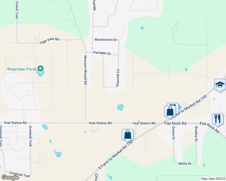map of restaurants, bars, coffee shops, grocery stores, and more near 136 Churchill Circle in Weatherford