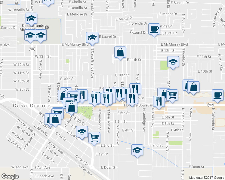 map of restaurants, bars, coffee shops, grocery stores, and more near 815 North Brown Avenue in Casa Grande