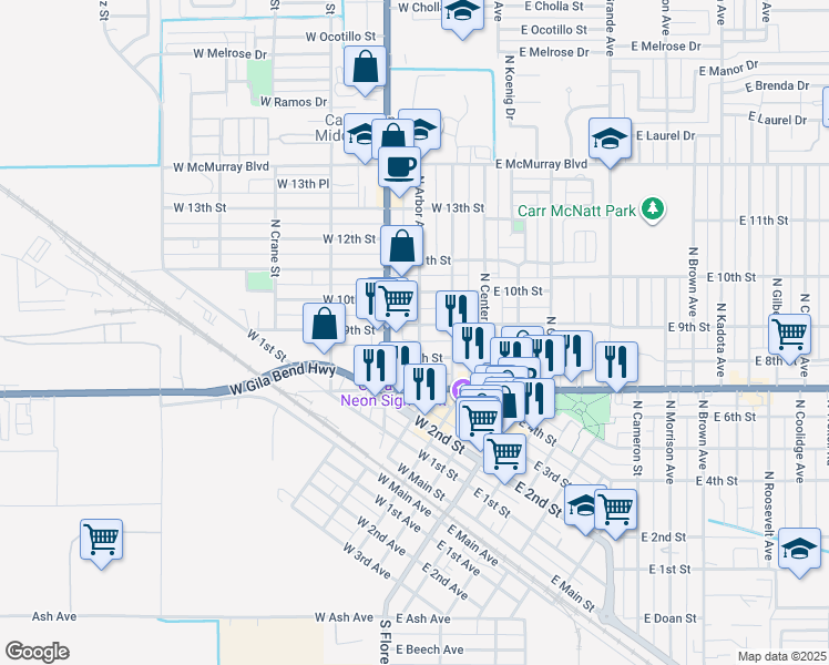 map of restaurants, bars, coffee shops, grocery stores, and more near 815 North Arbor Avenue in Casa Grande