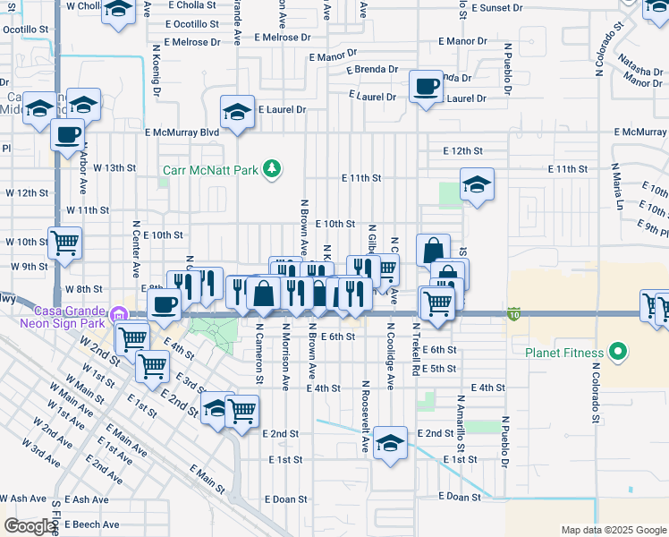 map of restaurants, bars, coffee shops, grocery stores, and more near 801 East 9th Street in Casa Grande