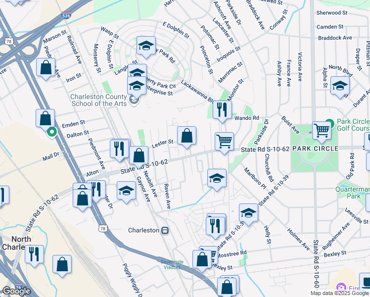 map of restaurants, bars, coffee shops, grocery stores, and more near 1614 East Montague Avenue in North Charleston