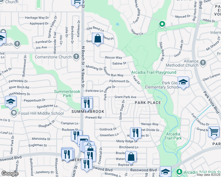 map of restaurants, bars, coffee shops, grocery stores, and more near 4624 Park Downs Drive in Fort Worth