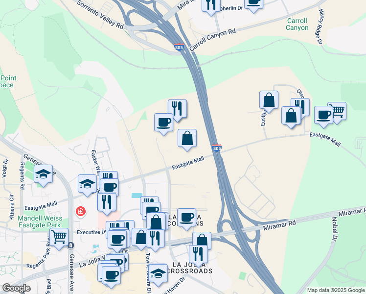 map of restaurants, bars, coffee shops, grocery stores, and more near 4780 Eastgate Mall in San Diego