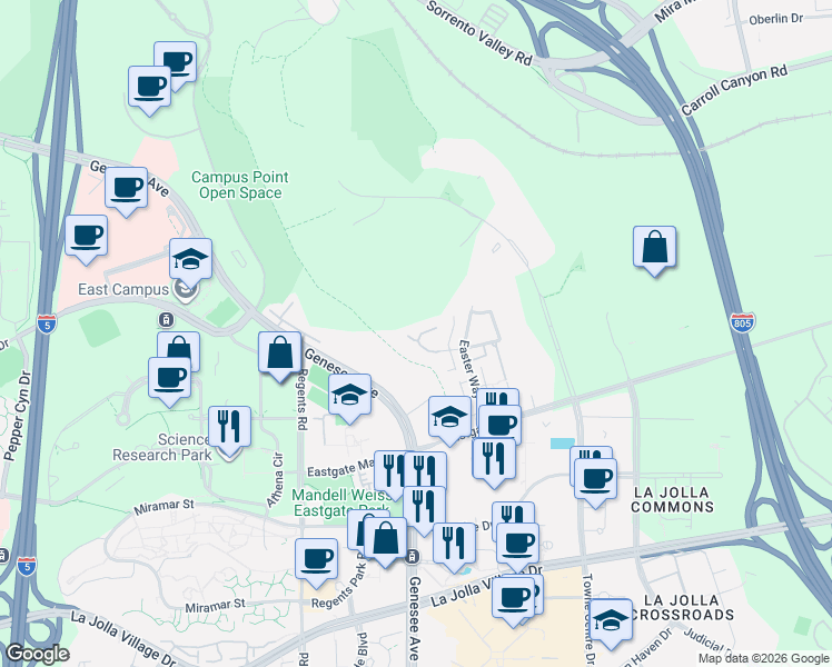 map of restaurants, bars, coffee shops, grocery stores, and more near 4326 Caminito Del Zafiro in San Diego