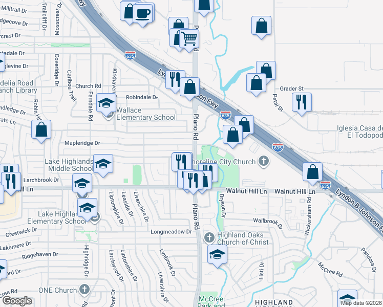 map of restaurants, bars, coffee shops, grocery stores, and more near 10647 Chesterton Drive in Dallas