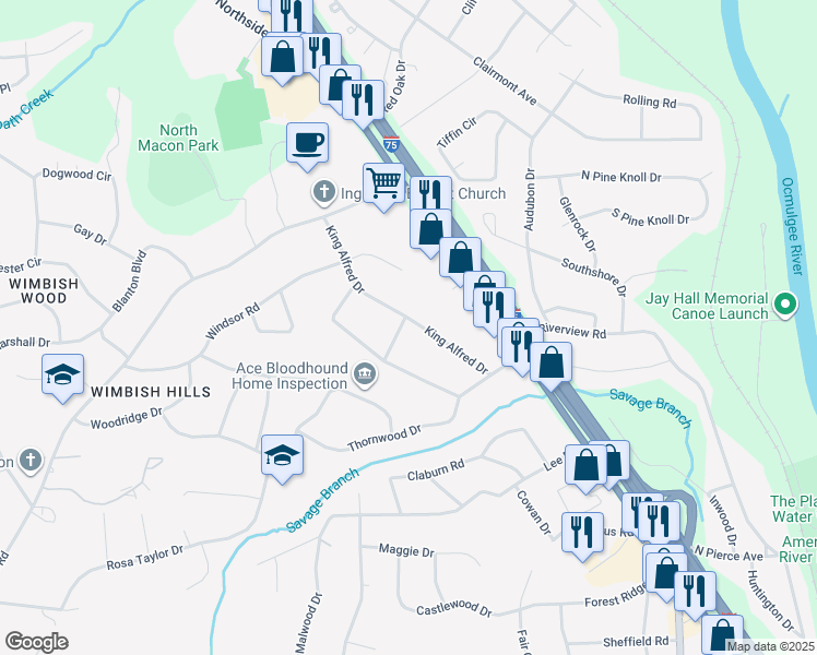 map of restaurants, bars, coffee shops, grocery stores, and more near 2944 King Alfred Drive in Macon