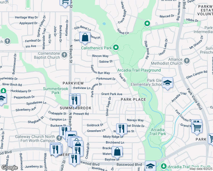 map of restaurants, bars, coffee shops, grocery stores, and more near 7866 Park Downs Court in Fort Worth