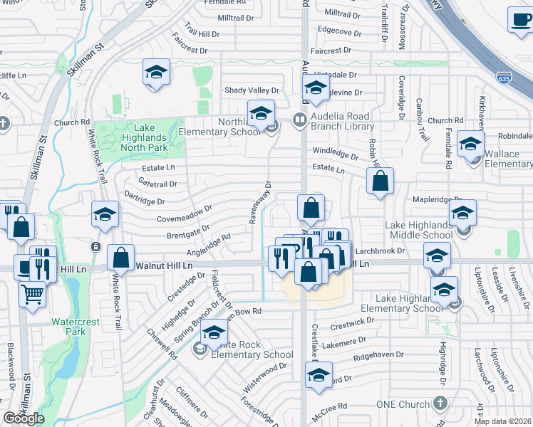 map of restaurants, bars, coffee shops, grocery stores, and more near 9875 Audelia Road in Dallas