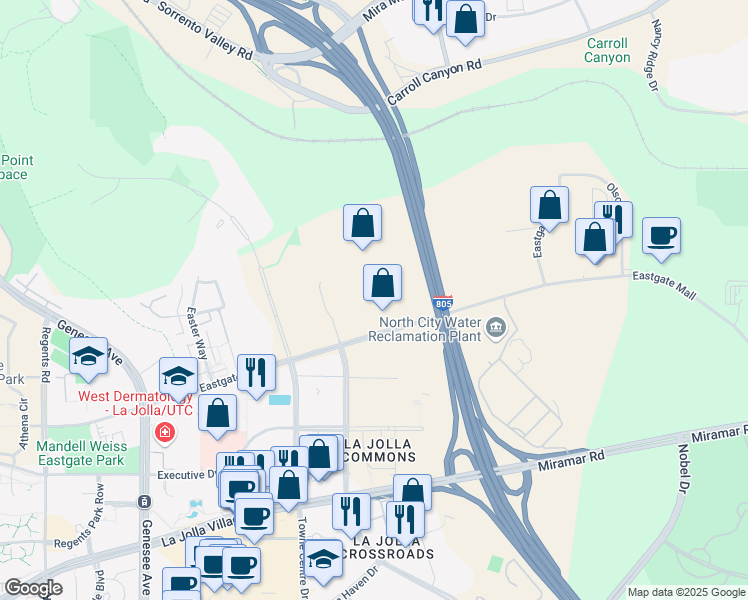 map of restaurants, bars, coffee shops, grocery stores, and more near 4790 Eastgate Mall in San Diego